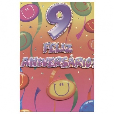 Cartaz colorido com balões sorridentes e texto 9 FELIZ ANIVERSÁRIO em letras roxas glitter