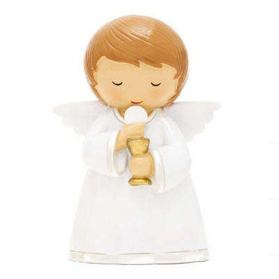 Figura decorativa de anjo vestindo branco e segurando cálice