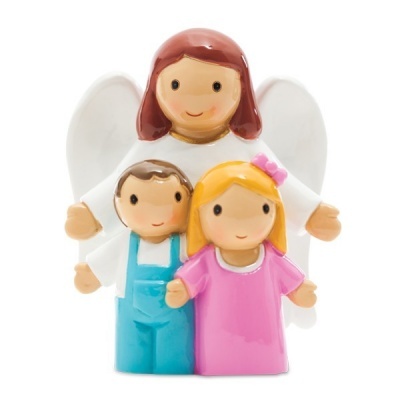 Figura decorativa anjo com duas crianças em cerâmica