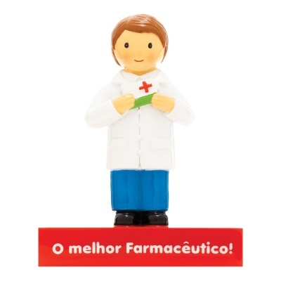 Boneco de farmacêutico com bata branca e base vermelha com texto