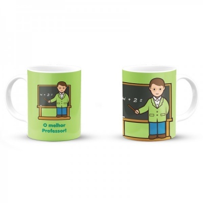 Caneca branca com desenho de professor e quadro-negro e texto O melhor Professor!