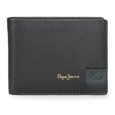 Carteira de pele preta com logotipo Pepe Jeans dourado