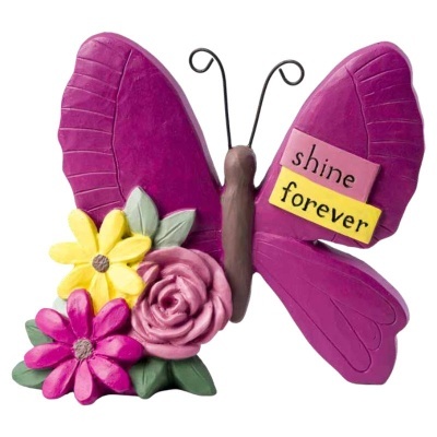 Borboleta decorativa roxa com flores e texto shine forever