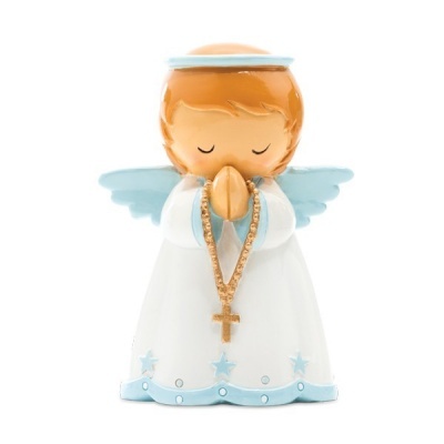 Figura decorativa de anjo em cerâmica com asas azuis e vestido branco
