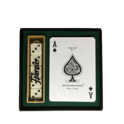 Caixa preta com baralho Mod. Lord 55 C Maestrosnaiper05 e cinco dados brancos Faumeier