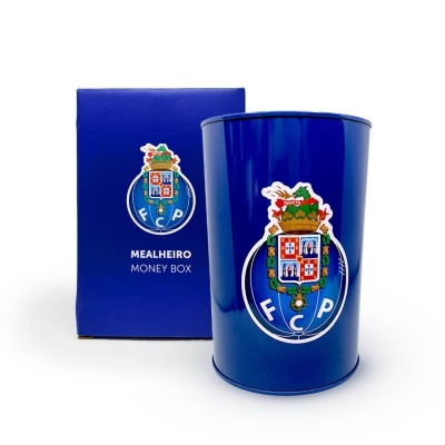 Mealheiro azul com brasão do F.C. Porto e caixa azul com texto