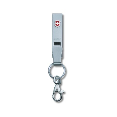 Chaveiro metálico prateado com fecho mosquetão e logótipo Victorinox