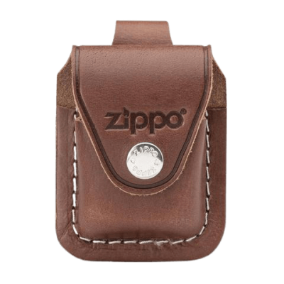 Estojo em pele castanha com costura branca para isqueiro Zippo
