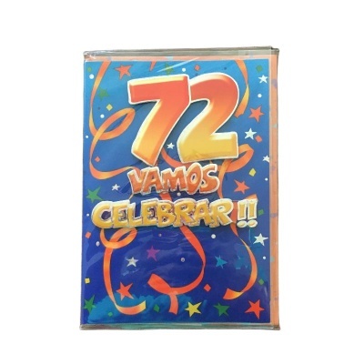 Embalagem azul festiva com texto 72 VAMOS CELEBRAR!!