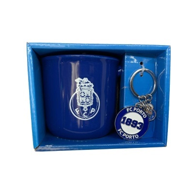 Conjunto caneca e porta-chaves do FC Porto em caixa azul.