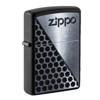 Isqueiro Zippo preto com padrão hexagonal cinza e logotipo