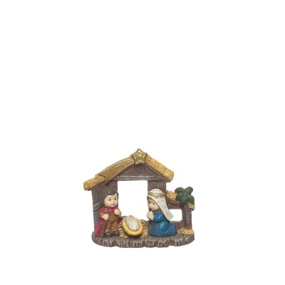 Presépio pequeno decorativo com figuras de Maria, José e Jesus na manjedoura