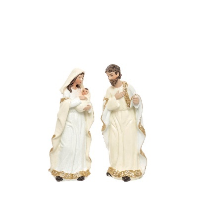 Figuras decorativas de Maria com Menino Jesus e São José em trajes brancos e dourados