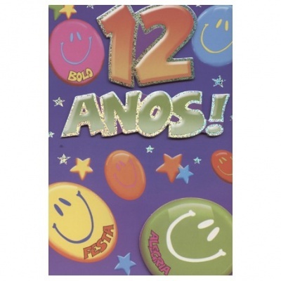 Cartão colorido com texto 12 ANOS e bolas sorridentes com palavras festa, alegria, bola