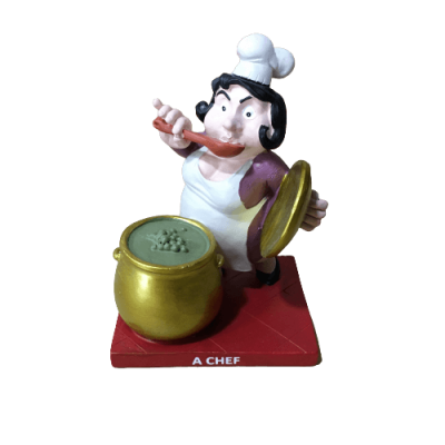 Figurinha de chef com caldeirão e base vermelha com texto