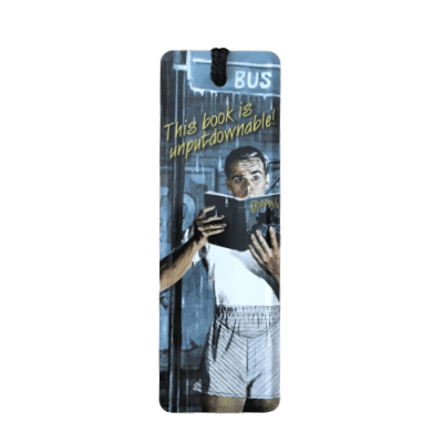 Marcador de livro com homem a ler, texto 'This book is unputdownable!' e paragem de autocarro