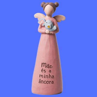 Estatueta decorativa de anjo em cerâmica rosa com texto