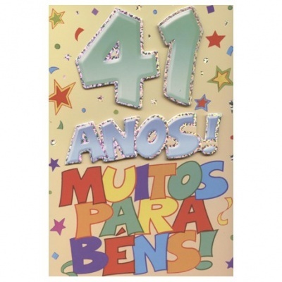 Cartão de aniversário com números 41 e texto colorido comemorativo