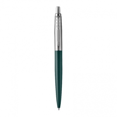 Caneta esferográfica verde-escuro com clip prateado com padrão de folha