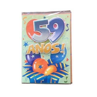 Cartão de aniversário colorido com texto '59 ANOS!' e balões