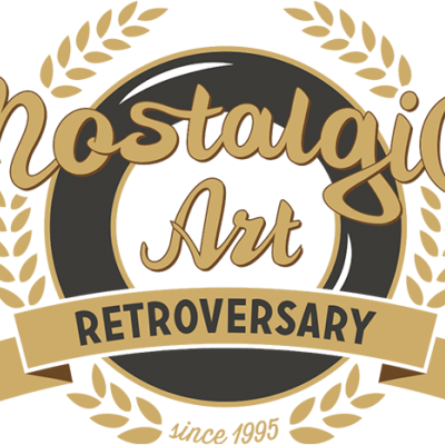 Logótipo dourado Nostalgic Art RETROVERSARY com roda preta e ramos dourados