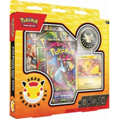 Pack de cartas Pokémon Trading Card Game com carta Pikachu e moeda temática Pokémon Day 2026