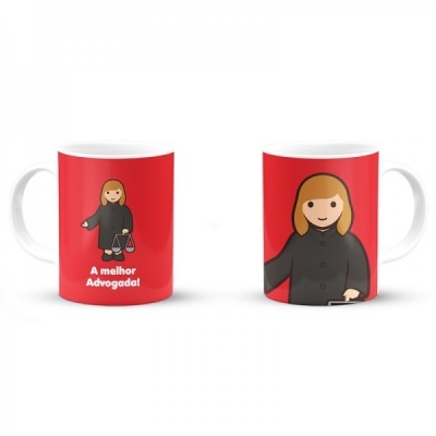 Caneca branca com design vermelho e figura feminina com texto 'A melhor Advogada!'