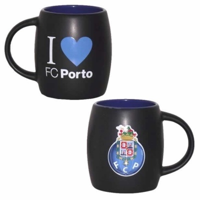 Conjunto de duas canecas em cerâmica preta com texto e emblema do FC Porto