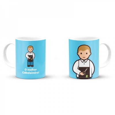 Duas canecas brancas com fundo azul e ilustração de cabeleireiro e texto