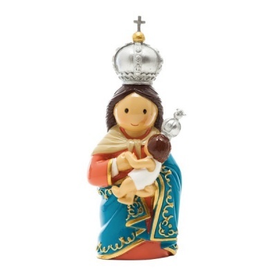 Estatueta religiosa de Nossa Senhora com criança ao colo com coroa prateada
