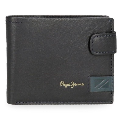 Carteira preta de couro com fecho e logo Pepe Jeans dourado