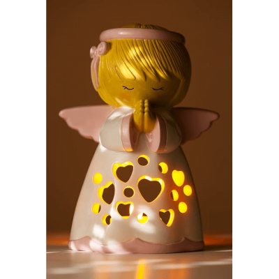 Figura decorativa de anjo com luzes e asas cor-de-rosa