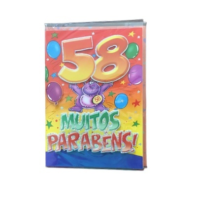 Cartão comemorativo colorido com número 58 e frase muitos parabéns