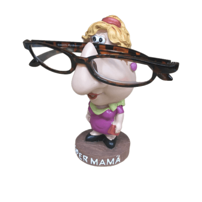 Suporte para óculos com boneca caricatural vestindo roxo e base com texto