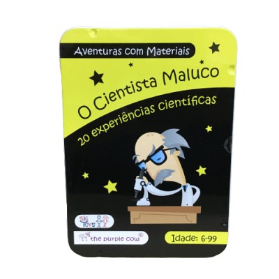 Caixa amarela e preta de jogo O Cientista Maluco com ilustração de cientista e texto das marcas