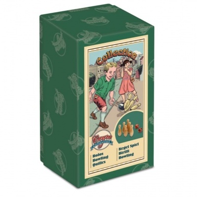 Embalagem verde de papelão com ilustração vintage e texto em inglês