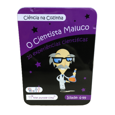 Caixa roxa e preta com texto e imagem de cientista caricaturado segurando tubo de ensaio.