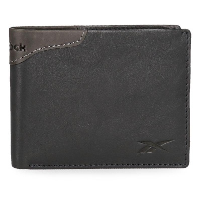 Carteira preta de pele com detalhe castanho e logo Reebok