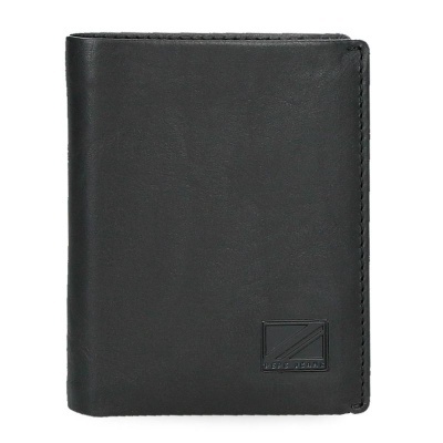 Carteira preta de couro com costura e emblema em relevo