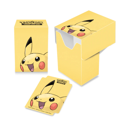 Conjunto para cartas Pokémon com decoração de Pikachu e texto no topo da caixa