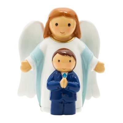 Estatueta cerâmica de anjo com criança em posição de oração