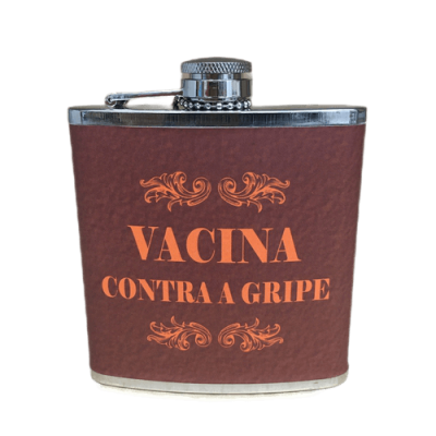 Frasco metálico castanho com texto laranja 'VACINA CONTRRA A GRIPE'