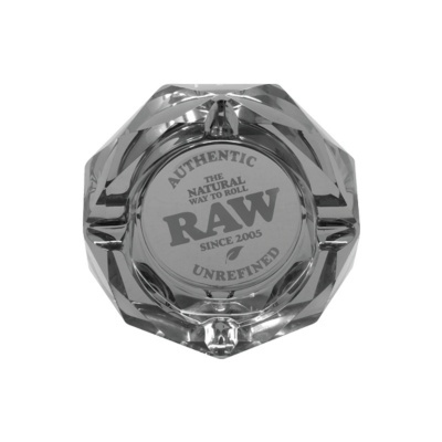 Cinzeiro transparente em vidro com texto RAW