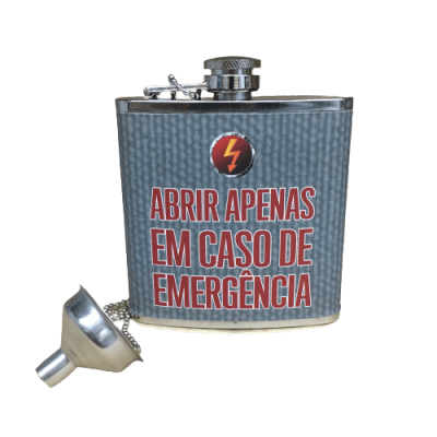 cantil metálico cinza com texto de emergência e funil