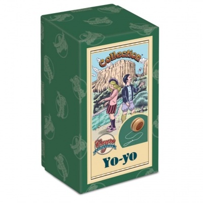 Caixa verde decorada com ilustração e texto Yo-yo