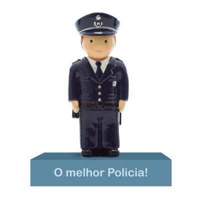 Figura miniatura de polícia em uniforme azul escuro com base azul e texto