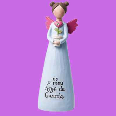 Estatueta de anjo azul claro e rosa segurando vaso com flor e texto