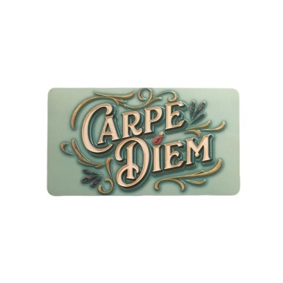 Placa decorativa verde com texto 'CARPE DIEM' em relevo dourado