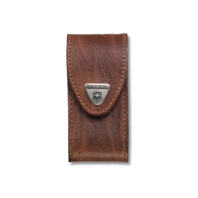 Estojo de pele castanha com fecho e emblema VICTORINOX