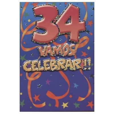 Cartão de felicitações com texto '34 VAMOS CELEBRAR!!' em cores vivas e fundo azul com estrelas e fitas